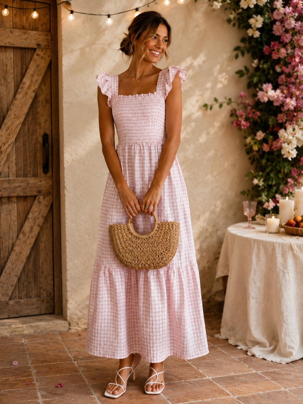 Boutique NWOT Smocked Pink Gingham Maxi Dress with Ruffle Straps Sz M